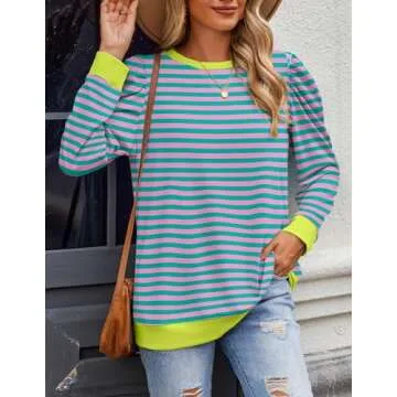 Zeagoo Womens Tops Puff Long Sleeve Shirts 2024 Fall Winter Casual Crew Neck Pullover Blouse Lightweight Soft Tunics, Stripe-2, Small
