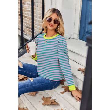 Zeagoo Womens Tops Puff Long Sleeve Shirts 2024 Fall Winter Casual Crew Neck Pullover Blouse Lightweight Soft Tunics, Stripe-2, Small
