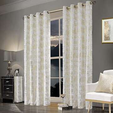 SHINELAND White and Gold Curtains for Living Room 84 Inch Length 2 Panels Set Modern Metallic Textur...