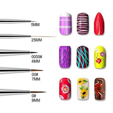 Beaute Galleria 5 Pieces Nail Art Brush Set with Liners (4mm, 7mm, 9mm) Striping Brushes (5mm, 25mm), for Thin Fine Line Drawing, Detail Painting, Striping, Blending, One Stroke