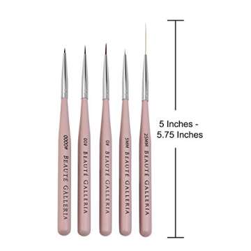 Beaute Galleria 5 Pieces Nail Art Brush Set with Liners (4mm, 7mm, 9mm) Striping Brushes (5mm, 25mm), for Thin Fine Line Drawing, Detail Painting, Striping, Blending, One Stroke