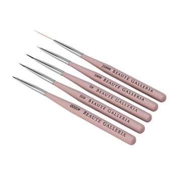 Beaute Galleria 5 Pieces Nail Art Brush Set with Liners (4mm, 7mm, 9mm) Striping Brushes (5mm, 25mm), for Thin Fine Line Drawing, Detail Painting, Striping, Blending, One Stroke