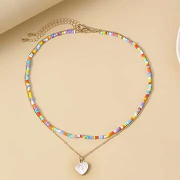 CLASSYZINT Women Bohemian Colorful Beaded Necklace Layered Choker Necklace Handmade Vsco Seed Bead Choker Summer Necklace Beach Jewelry For Women