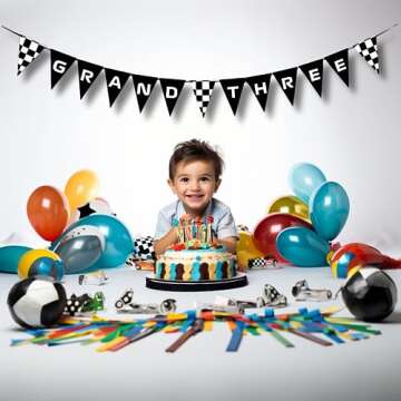 Grand Three Birthday Pre-Strung Banner, Race Car Themed Supplies, Decorations, Nascar, F1, Happy 3rd Third Year for Boy, Black White Checkered Flag Pennant Sign Backdrop Garland, Ready to Hang