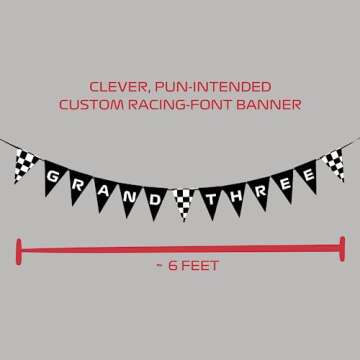 Grand Three Birthday Pre-Strung Banner, Race Car Themed Supplies, Decorations, Nascar, F1, Happy 3rd Third Year for Boy, Black White Checkered Flag Pennant Sign Backdrop Garland, Ready to Hang