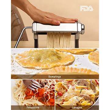 Homever Pasta Maker Machine Stainless Steel Manual, 150 Roller, 7 Adjustable Thickness Settings, Includes Cutter, Removable Handle, Perfect for Spaghetti, Lasagne, Fettuccine and Tagliolini, Silver