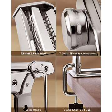 Homever Pasta Maker Machine Stainless Steel Manual, 150 Roller, 7 Adjustable Thickness Settings, Includes Cutter, Removable Handle, Perfect for Spaghetti, Lasagne, Fettuccine and Tagliolini, Silver