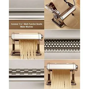 Homever Pasta Maker Machine Stainless Steel Manual, 150 Roller, 7 Adjustable Thickness Settings, Includes Cutter, Removable Handle, Perfect for Spaghetti, Lasagne, Fettuccine and Tagliolini, Silver