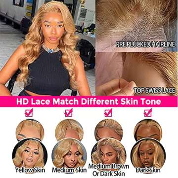 16 Inch Honey Blonde Body Wave Lace Front Wig 13X4 Blonde HD Lace Front Wigs Human Hair 150 Density Honey Blonde Human Hair Pre Plucked with Baby Hair 27 Colored Human Hair Lace Front Wigs ( Short Honey Blonde Body Wave Wigs With Five gifts)