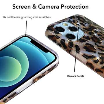 J.west Case Compatible with iPhone 12/12 Pro 6.1-inch, Luxury Sparkle Translucent Clear Leopard Cheetah Print Pearly Design Soft Silicone Slim TPU Protective Phone Case Cover for Girls Women (Bling)