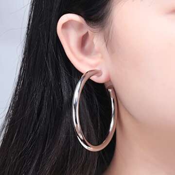 CiNily Big Hoop Earrings for Women Hypoallergenic 14K White Gold Plated Chunky Large Hoops Trendy Lightweight Open Hoops Thick Gold Hoops Earrings for Sensitive Ears 60 mm