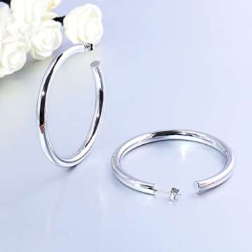 CiNily Big Hoop Earrings for Women Hypoallergenic 14K White Gold Plated Chunky Large Hoops Trendy Lightweight Open Hoops Thick Gold Hoops Earrings for Sensitive Ears 60 mm