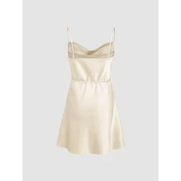 CIDER Summer Dresses 2024 Wedding Guest Dress Cocktail Dresses Solid Satin Cowl Neck Cami Mini Dress: Beige, M