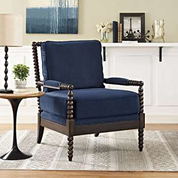 Modway Revel Spindle Frame Wood Armchair with Plush Velvet Upholstered Fabric, 37", Navy
