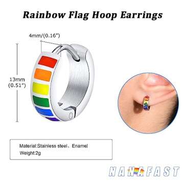 Nanafast Stainless Steel Rainbow Hoop Earrings LGBT Pride Earrings for Women Men Rainbow Flag Earrin...