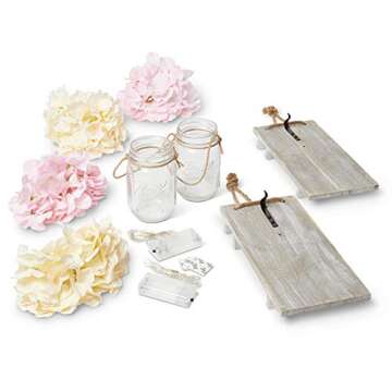 Hanging Mason Jar Wall Decor Sconce with LED Fairy Lights, Rustic Wood with Beautiful Pink and Cream Flowers Included for Home, Kitchen, Bathroom, Bedroom, Farmhouse & Girls Room Decorations