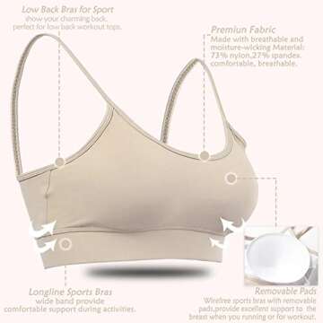 Women's Sexy Low Back Bras Medium Support Padded Yoga Fitness Crop Tops Longline Sports Bra Apricot