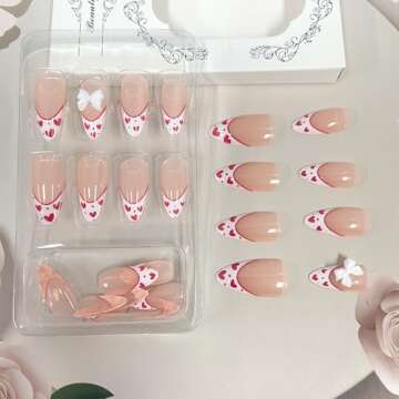 Long Almond Press on Nails Red Heart French Tip Fake Nails Romantic White Bow 3D Glue on Nails Glossy Acrylic Stick on Nails for Women DIY Charm Manicure