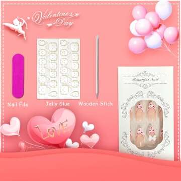 Long Almond Press on Nails Red Heart French Tip Fake Nails Romantic White Bow 3D Glue on Nails Glossy Acrylic Stick on Nails for Women DIY Charm Manicure
