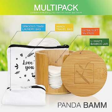 Panda Bamm- Reusable Makeup Remover Pads Multi-pack, 16 pcs - Zero Waste Reusable Cotton Rounds, Bamboo Storage Jar for Reusable Cotton Pads, Eco Friendly Travel Bag, Laundry Bag