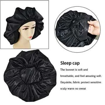 Sleep Cap, Satin Elastic Wide Band Hat Night Sleeping Head Cover for Women Girls(Black)