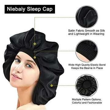 Sleep Cap, Satin Elastic Wide Band Hat Night Sleeping Head Cover for Women Girls(Black)