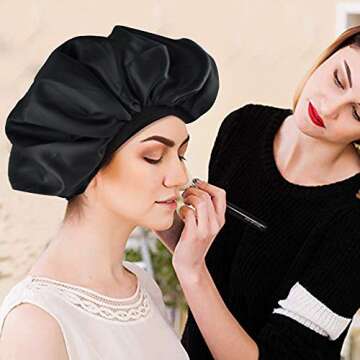 Sleep Cap, Satin Elastic Wide Band Hat Night Sleeping Head Cover for Women Girls(Black)