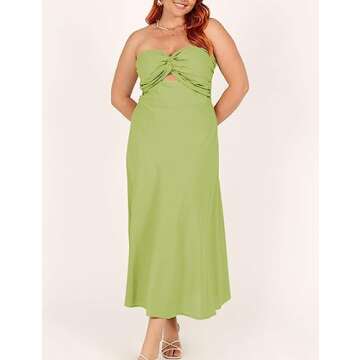 Fiemaoves Sexy Twist Front Strapless Sweetheart Neckline Midi Dresses for Women Smocked Cutout Tube Linen Dress Wedding Guest Sage