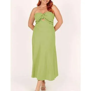 Fiemaoves Sexy Twist Front Strapless Sweetheart Neckline Midi Dresses for Women Smocked Cutout Tube Linen Dress Wedding Guest Sage