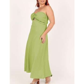 Fiemaoves Sexy Twist Front Strapless Sweetheart Neckline Midi Dresses for Women Smocked Cutout Tube Linen Dress Wedding Guest Sage