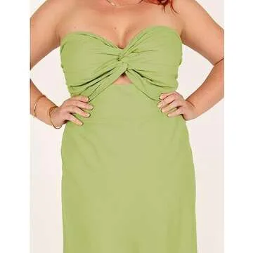 Fiemaoves Sexy Twist Front Strapless Sweetheart Neckline Midi Dresses for Women Smocked Cutout Tube Linen Dress Wedding Guest Sage