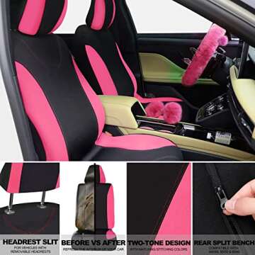 17 Pcs Car Seat Cover Full Set for Women Universal Fit Car Front Rear Seat Covers Fluffy Steering Wheel Covers Fleece Handbrake Shift Cover Hanging Accessory Holder Ring Emblem (Pink Black)