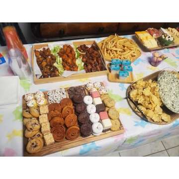 PAFREWOG Bamboo Serving Trays Charcuterie Platter 16.5"x11.8"（42x30cm with Handle, Set Includes 1xHexagon 12.5"(32cm)+1xSquare 7.8"(20cm)+1xSquare 5.9"(15cm) Small Plates for Family Dinner