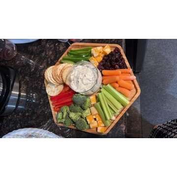 PAFREWOG Bamboo Serving Trays Charcuterie Platter 16.5"x11.8"（42x30cm with Handle, Set Includes 1xHexagon 12.5"(32cm)+1xSquare 7.8"(20cm)+1xSquare 5.9"(15cm) Small Plates for Family Dinner