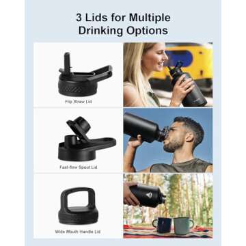 Topre 64 oz Insulated Water Bottle, Half Gallon Vacuum Stainless Steel Sports Water Jug with 3 Lids & Brush, BPA-free Reusable Double Walled Mug Gym Keg for Sports Outdoor Camping, Black