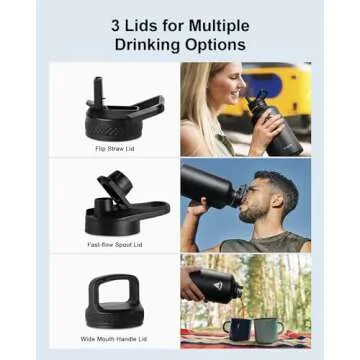 Topre 64 oz Insulated Water Bottle, Half Gallon Vacuum Stainless Steel Sports Water Jug with 3 Lids & Brush, BPA-free Reusable Double Walled Mug Gym Keg for Sports Outdoor Camping, Black