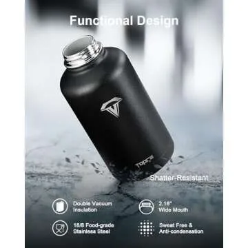 Topre 64 oz Insulated Water Bottle, Half Gallon Vacuum Stainless Steel Sports Water Jug with 3 Lids & Brush, BPA-free Reusable Double Walled Mug Gym Keg for Sports Outdoor Camping, Black