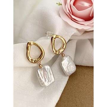 AnnChbpl Baroque pearl earrings for Women cultured white freshwater Pearl hoop square statement earrings 14K Gold plated Drop Dangle Jewelry bridal wedding earrings birthday gift for wife girlfriend