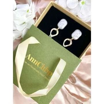 AnnChbpl Baroque pearl earrings for Women cultured white freshwater Pearl hoop square statement earrings 14K Gold plated Drop Dangle Jewelry bridal wedding earrings birthday gift for wife girlfriend