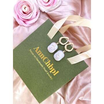 AnnChbpl Baroque pearl earrings for Women cultured white freshwater Pearl hoop square statement earrings 14K Gold plated Drop Dangle Jewelry bridal wedding earrings birthday gift for wife girlfriend