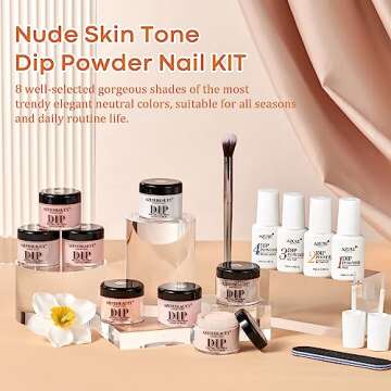 AZUREBEAUTY 18Pcs Dip Powder Nail Kit Starter 8 Nude Skin Tones Champagne Glitter Neutral Pink Colors with Dipping Powder Liquid Set + Recycling Tray for DIY Nail Art Manicure Home Gift