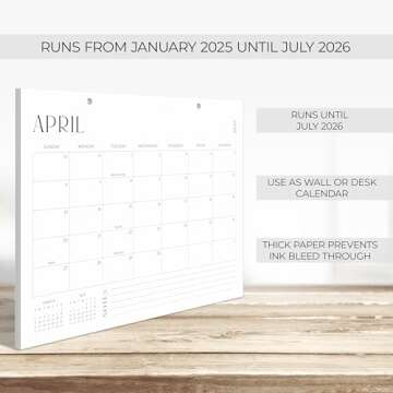 Aesthetic Desk Calendar 2025-2026 - Runs from January 2025 Until July 2026 - Minimalistic Office Desktop/Wall Calendar 16"x12" for Easy Organizing