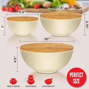 Large Bamboo Salad Bowl Set with Cutting Board Lids and Serving Utensils - Small, Medium and Big Salad Bowl with Lid - White Dish Set - Bamboo Mixing Bowls Set for Chips, Dip, Fruit, Popcorn, Parties