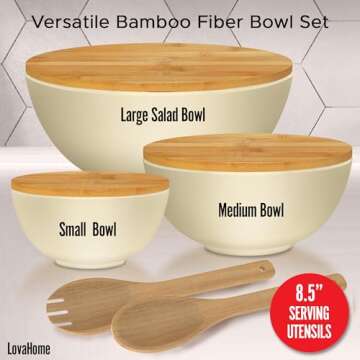 Large Bamboo Salad Bowl Set with Cutting Board Lids and Serving Utensils - Small, Medium and Big Salad Bowl with Lid - White Dish Set - Bamboo Mixing Bowls Set for Chips, Dip, Fruit, Popcorn, Parties