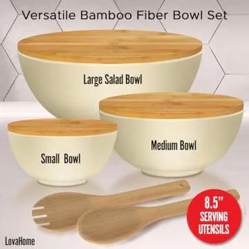 Large Bamboo Salad Bowl Set with Cutting Board Lids and Serving Utensils - Small, Medium and Big Salad Bowl with Lid - White Dish Set - Bamboo Mixing Bowls Set for Chips, Dip, Fruit, Popcorn, Parties