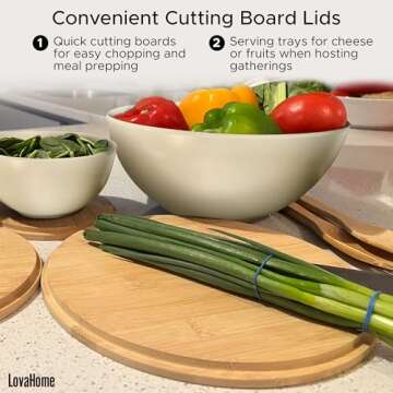 Large Bamboo Salad Bowl Set with Cutting Board Lids and Serving Utensils - Small, Medium and Big Salad Bowl with Lid - White Dish Set - Bamboo Mixing Bowls Set for Chips, Dip, Fruit, Popcorn, Parties