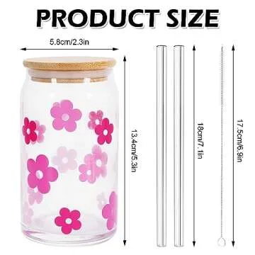 Whaline 2Pcs Retro Boho Flower Drinking Glasses with Bamboo Lids and Straw 16oz Pink Purple Daisy Fl...