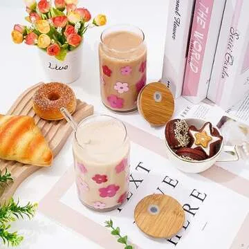Whaline 2Pcs Retro Boho Flower Drinking Glasses with Bamboo Lids and Straw 16oz Pink Purple Daisy Flower Ice Coffee Cup Beer Glass Can Floral Glass Cup for Cocktails Whiskey Beer Soda Gifts