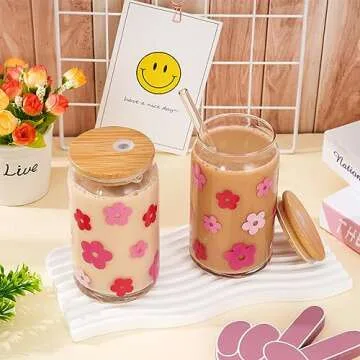 Whaline 2Pcs Retro Boho Flower Drinking Glasses with Bamboo Lids and Straw 16oz Pink Purple Daisy Flower Ice Coffee Cup Beer Glass Can Floral Glass Cup for Cocktails Whiskey Beer Soda Gifts