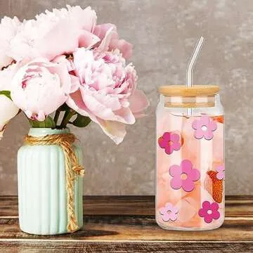 Whaline 2Pcs Retro Boho Flower Drinking Glasses with Bamboo Lids and Straw 16oz Pink Purple Daisy Flower Ice Coffee Cup Beer Glass Can Floral Glass Cup for Cocktails Whiskey Beer Soda Gifts